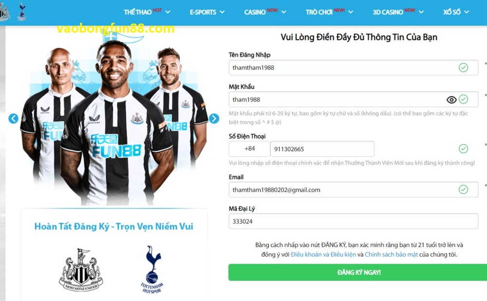 Đăng kí Fun88 - Hướng dẫn cách đăng ký Fun88 nhanh nhất 8 Điền thông tin theo biểu mẫu FUN88