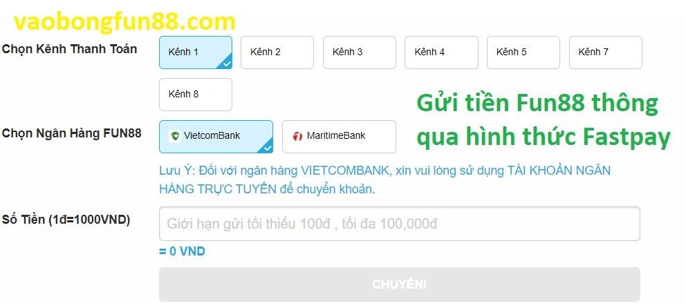 Gửi tiền FUN88 qua Fastpay